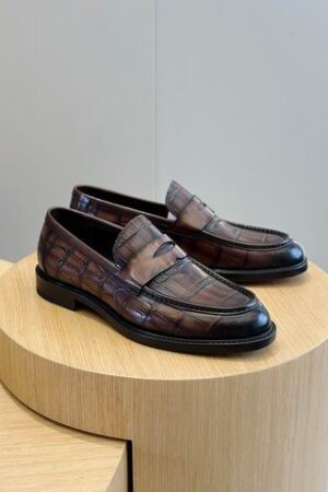 Berluti Brown Crocodile Embossed Leather Penny Loafers