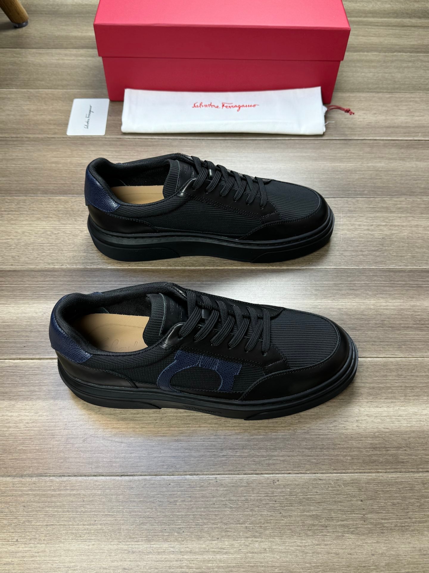 Ferragamo Black Leather Mesh Gancini Low-Top Sneakers