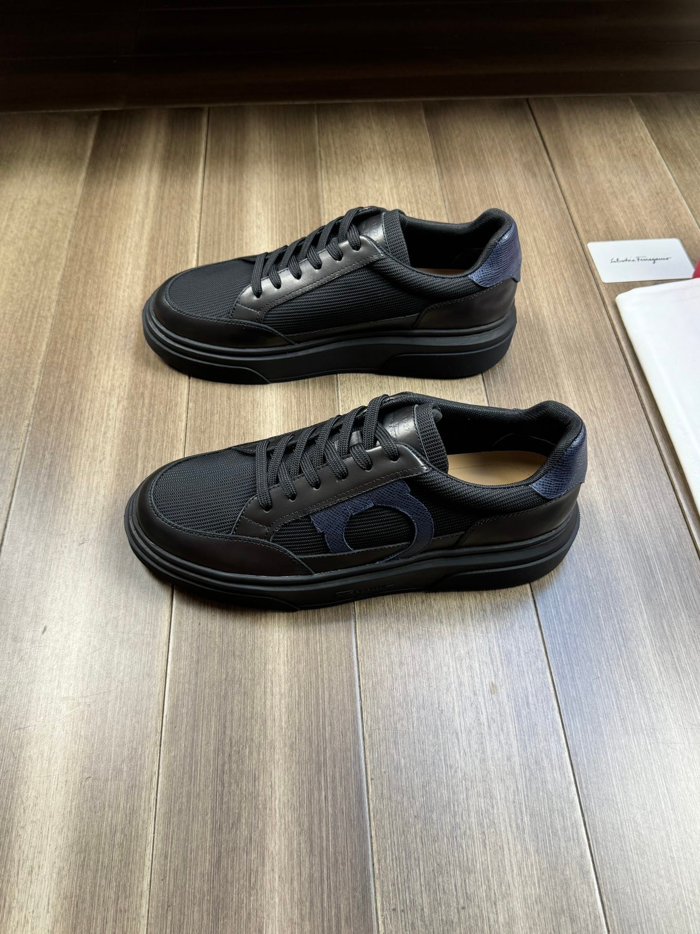Ferragamo Black Leather Mesh Gancini Low-Top Sneakers - Image 2