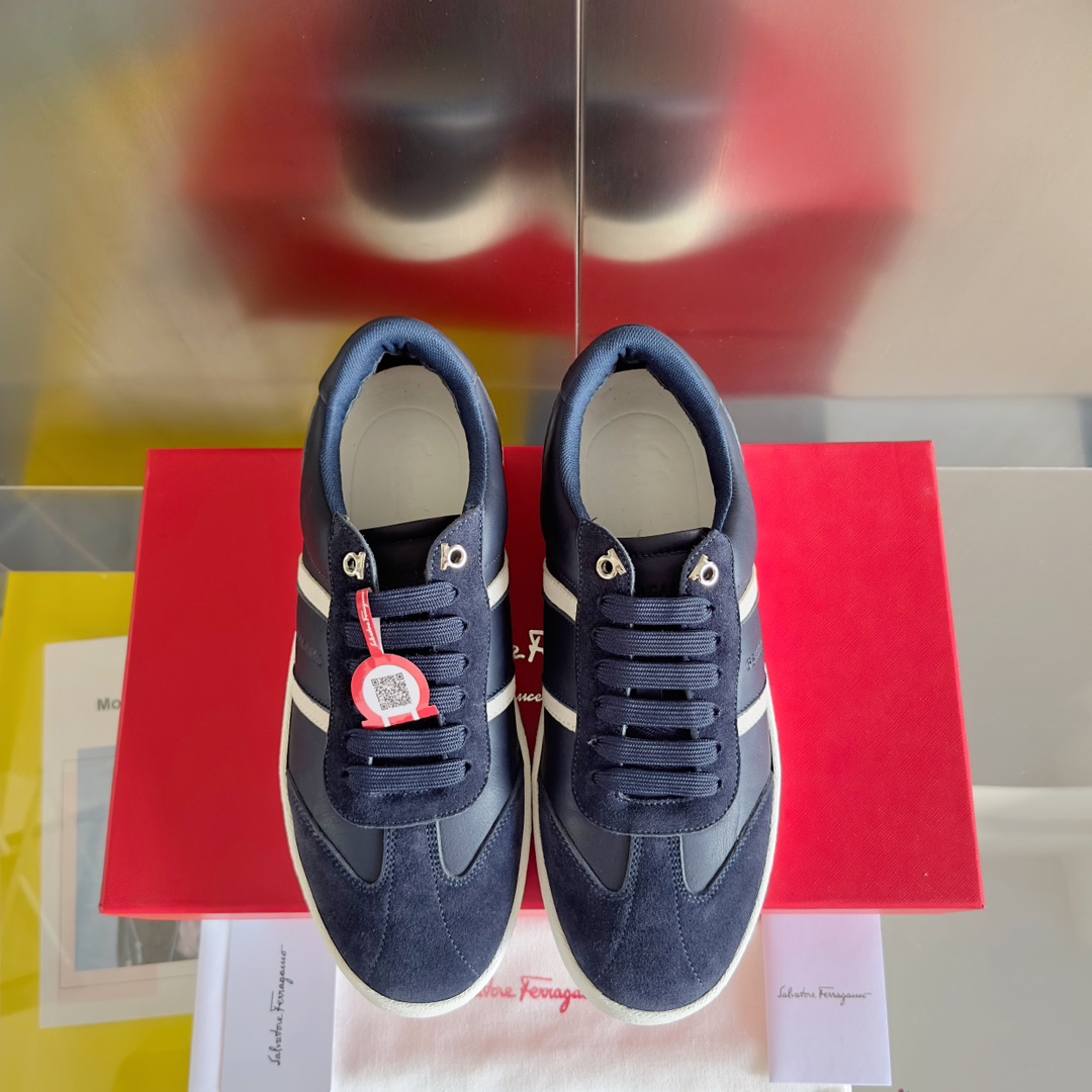 Ferragamo Blue Striped Suede & Leather Low-Top Sneakers - Image 2