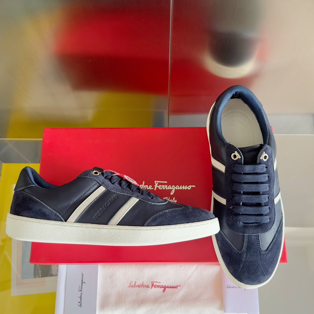 Ferragamo Blue Striped Suede & Leather Low-Top Sneakers - Image 6