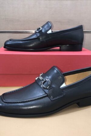 Salvatore Ferragamo Leather Loafers with Silver Gancini Bit Buckle.