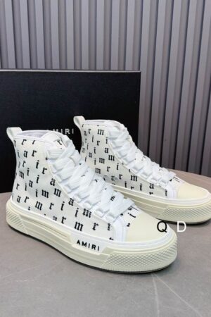 Amiri Court High-Top Sneakers in White with Black Text Print
