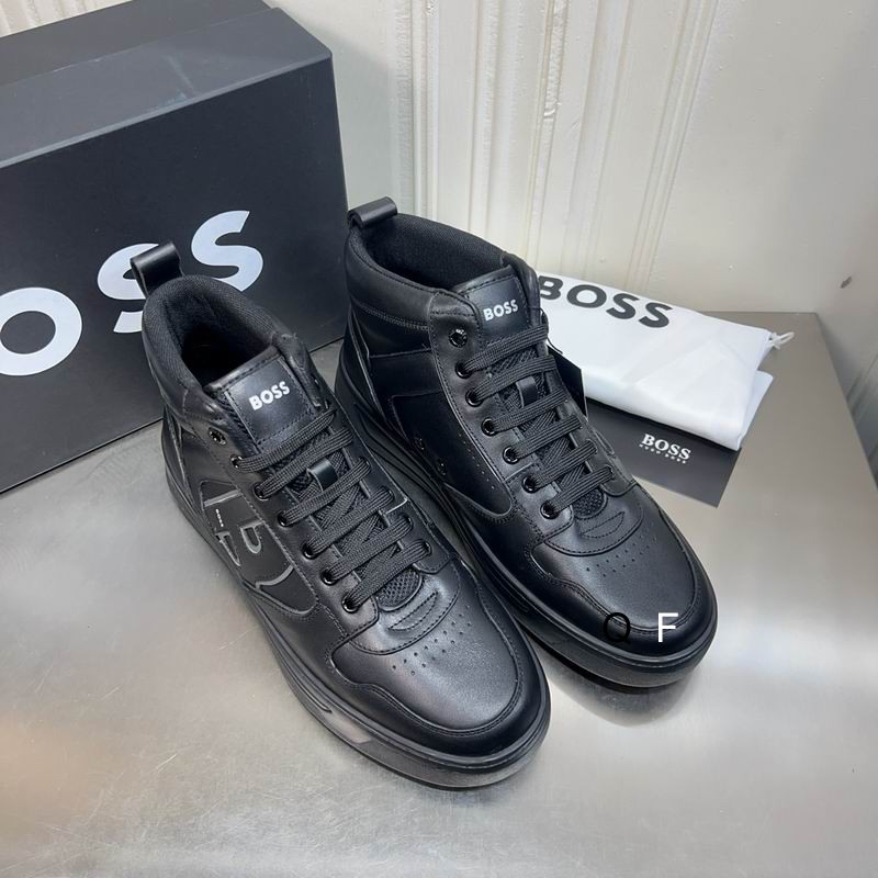 BOSS All-Black High-Top Sneaker on display