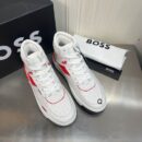 BOSS White and Red High-Top Sneaker. on display.