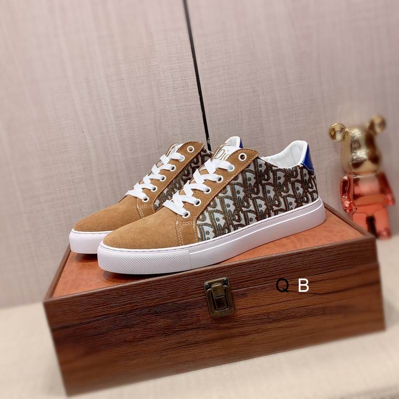 Dior Low-Top Sneaker in Tan/Brown, White and Gray Patterns.