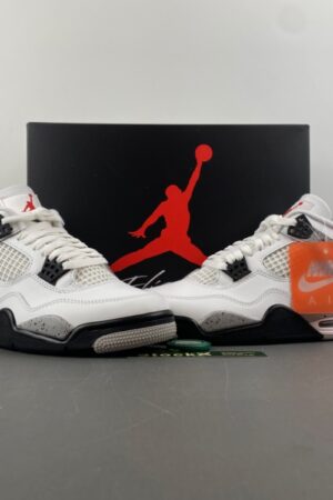Single Air Jordan 4 Retro "White Cement" sneaker in white and grey, displaying the classic silhouette, placed atop its speckled shoe box.