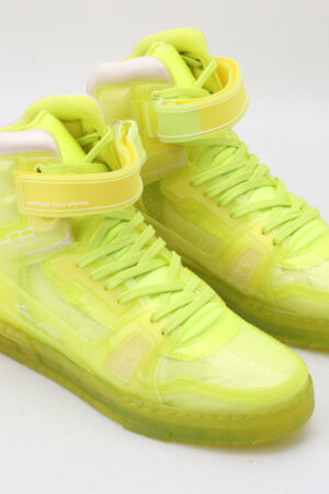 A single LuminousHi Neon Yellow High-Top Sneaker, shown in profile, featuring a translucent neon yellow upper, white padded collar, white laces, a translucent Velcro ankle strap, and a translucent neon yellow outsole.