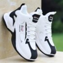 A pair of black and white high-top unisex sneakers with a chunky, futuristic design and a WENRUN brand logo on the side.
