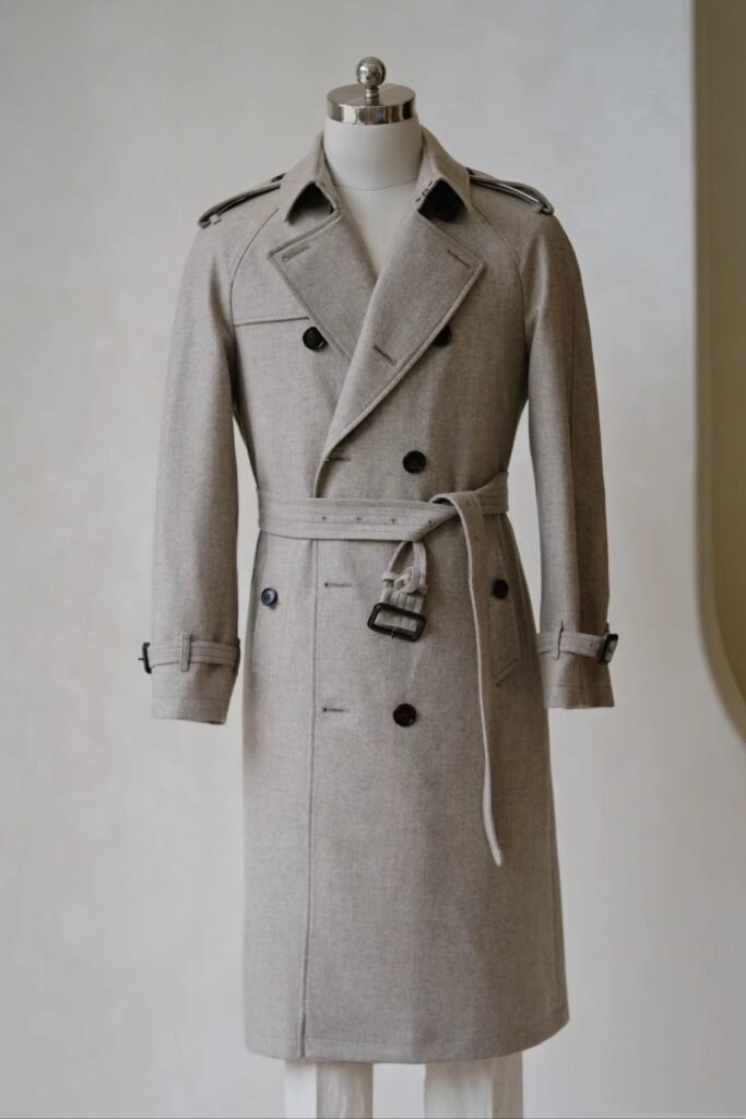 A light oatmeal-colored wool-blend trench coat for men, featuring a double-breasted front and belted waist on a mannequin.