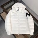 A clean white hooded windbreaker jacket hanging, featuring a full-zip front and a very large black and white outline logo graphic on the left sleeve.