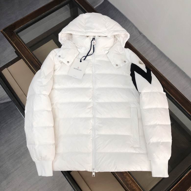 A clean white hooded windbreaker jacket hanging, featuring a full-zip front and a very large black and white outline logo graphic on the left sleeve.