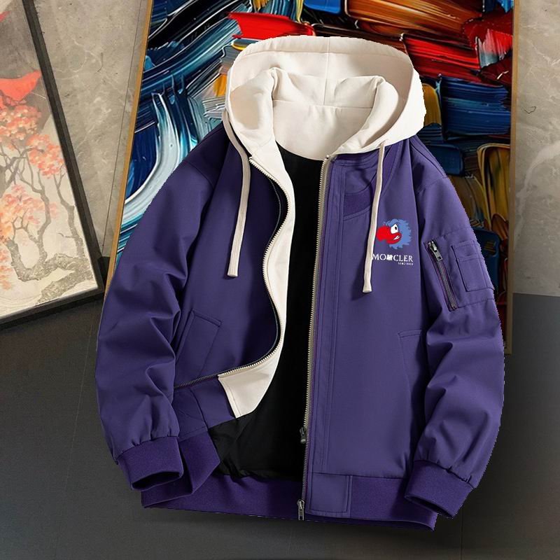 Moncler-style purple bomber jacket with a white hood and drawstrings. Features a full-zip front, ribbed hem/cuffs, an arm pocket, and a colorful cartoon bird logo patch on the chest.