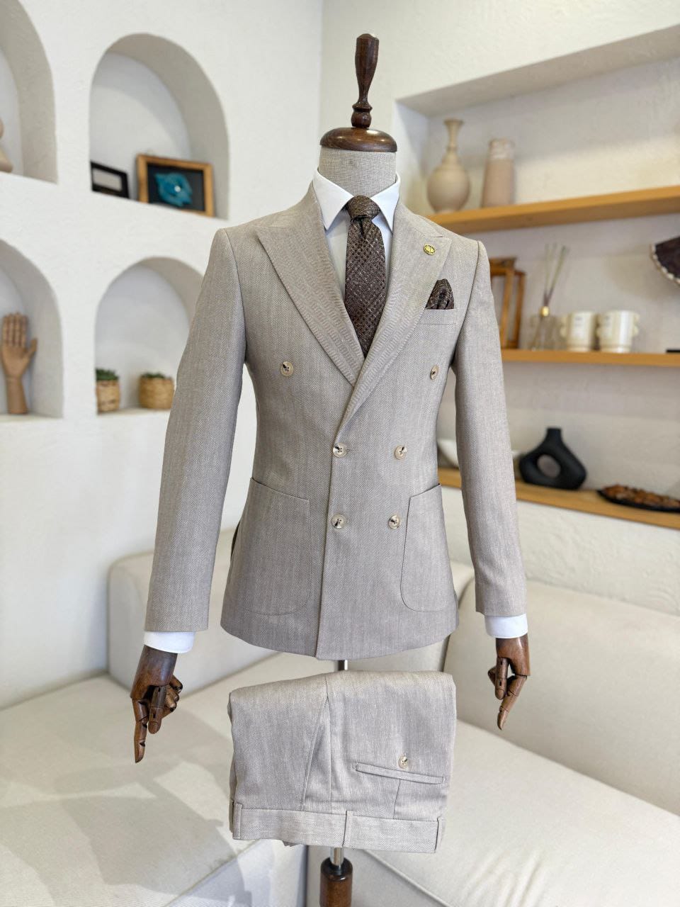 Blue Slim-Fit Herringbone Suit – Double-Breasted Formal Wear - Image 4