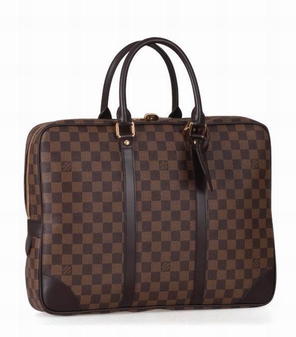 A high-quality Louis Vuitton inspired Porte-Documents Voyage briefcase in brown and tan Damier Ebene canvas with dark brown leather trim.