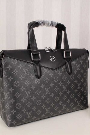 A high-quality Louis Vuitton inspired Porte-Documents Voyage PM briefcase in black and grey Monogram Eclipse canvas with black leather handles and trim.