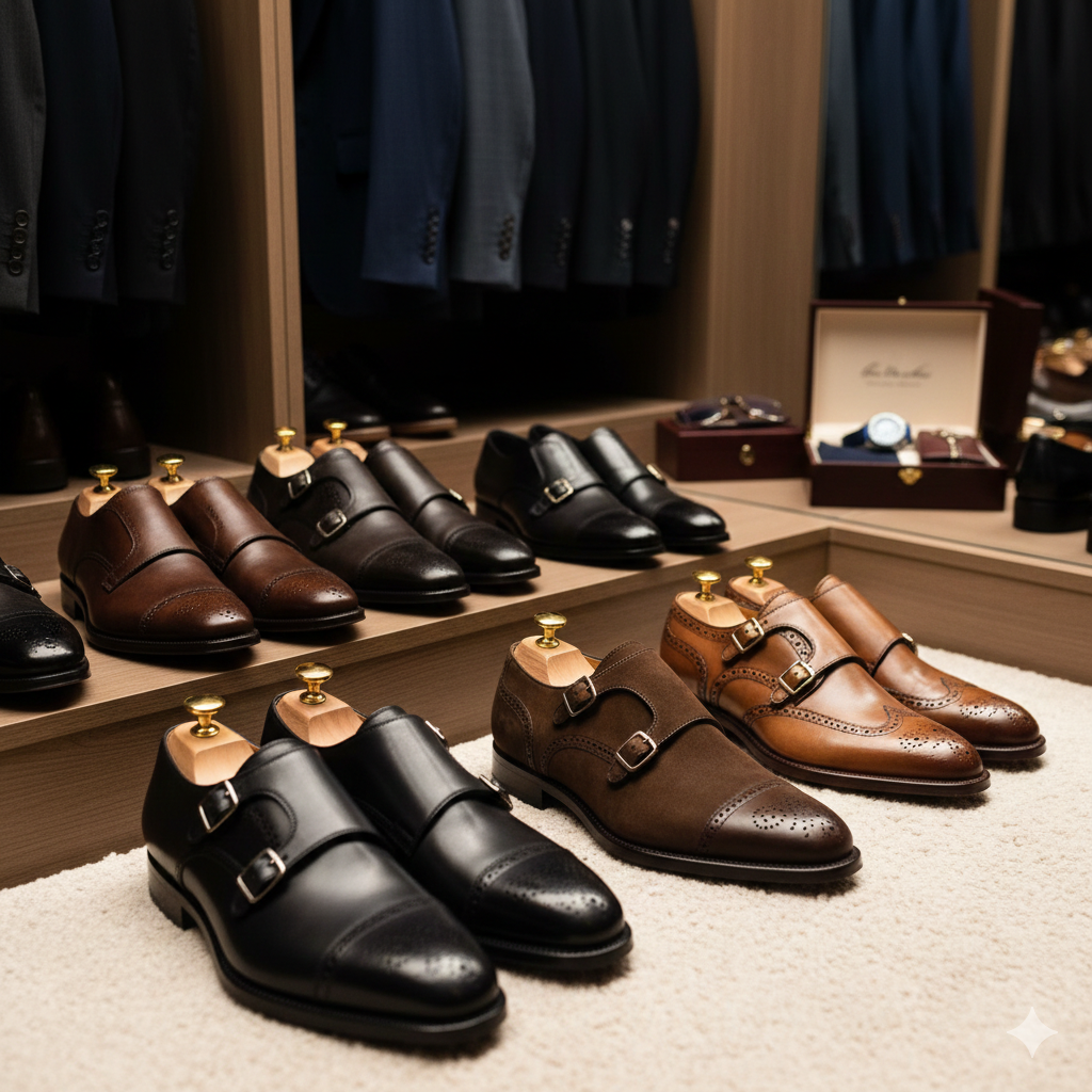 A collection of high-quality leather and suede double monk strap dress shoes on a luxury closet shelf.