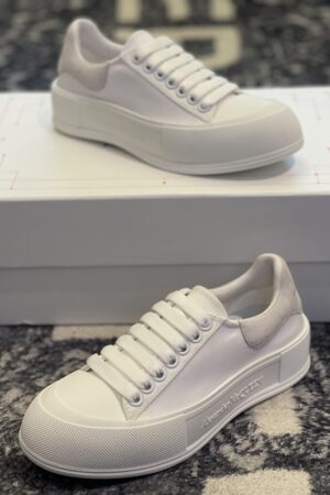 Alexander McQueen, Deck Sneakers, White Canvas Sneakers, Luxury Streetwear, Men's Fashion, Designer Footwear, Chunky Sole Sneakers.