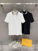 Two premium men's short-sleeve polo shirts in white and black, each featuring a classic Burberry Vintage Check pattern on the collar.