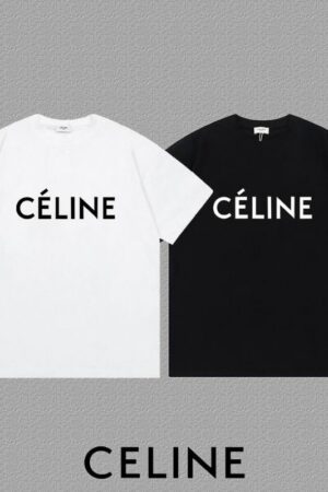 Two men's short-sleeve t-shirts in white and black, each featuring the bold black or white Céline logo across the chest.