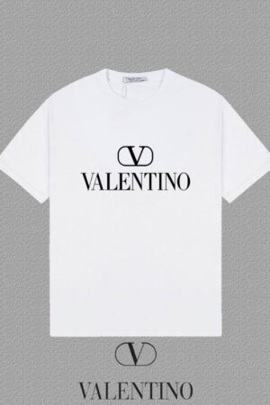 A premium men's white short-sleeve t-shirt featuring the iconic black Valentino VLogo and brand name printed on the center chest.