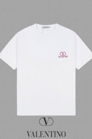 A premium men's black short-sleeve t-shirt featuring a small pink embroidered Valentino VLogo and brand name on the left chest.