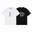 Two men's Versace t-shirts in white and black featuring a vertical logo and a gold Medusa half-face graphic on the chest.