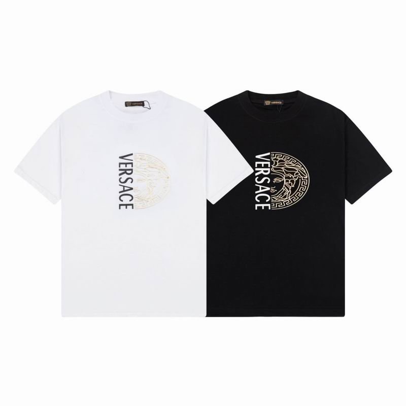 Two men's Versace t-shirts in white and black featuring a vertical logo and a gold Medusa half-face graphic on the chest.